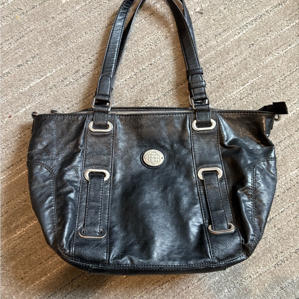 Dana Buchman Black Leather Shoulder Bag with Silver Details